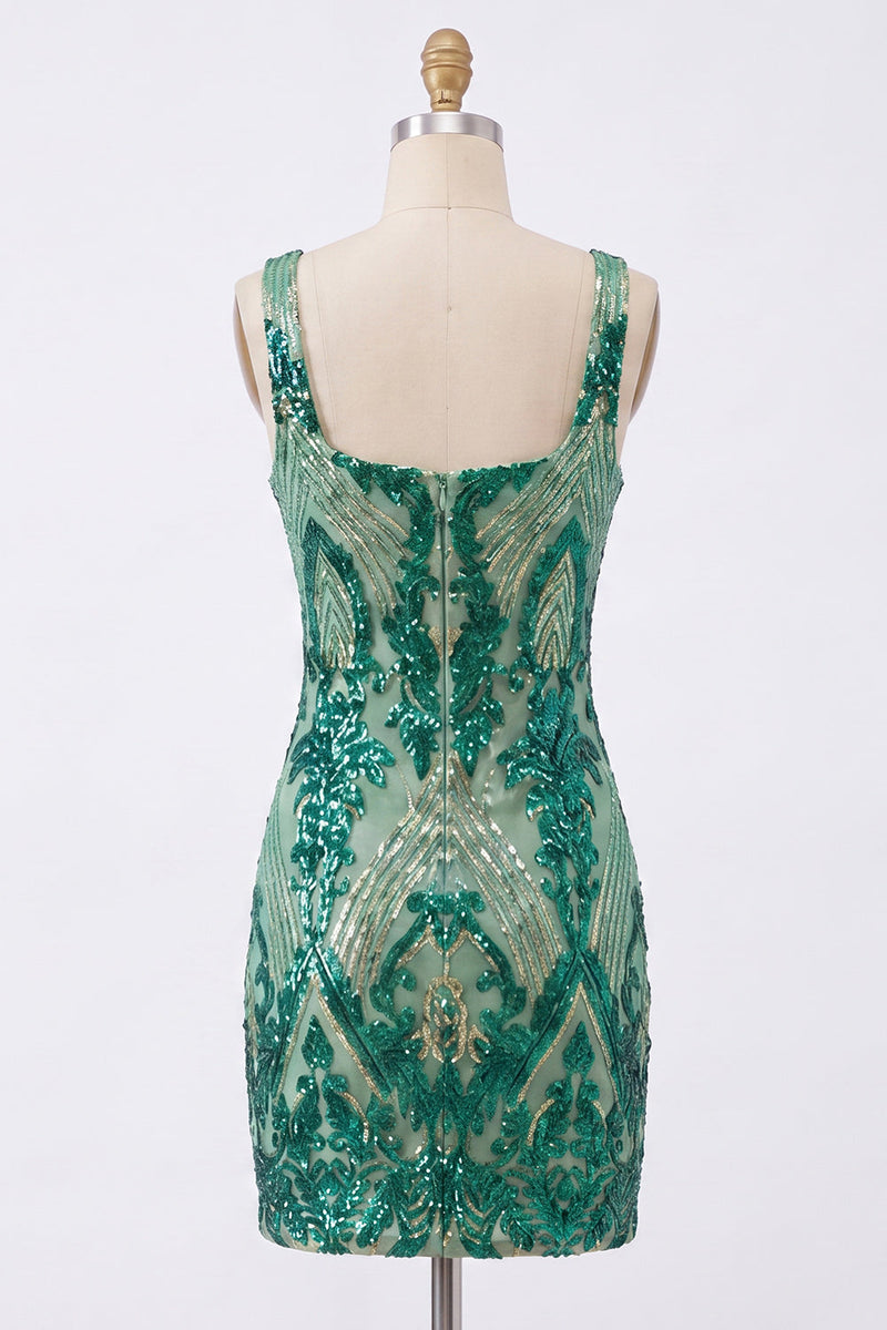 Load image into Gallery viewer, Sparkly Dark Green Sequin Square Neck Tight Short Homecoming Dress