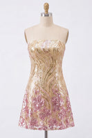 Load image into Gallery viewer, Sparkly Gold and Pink Floral Strapless Sequin Short Homecoming Dress