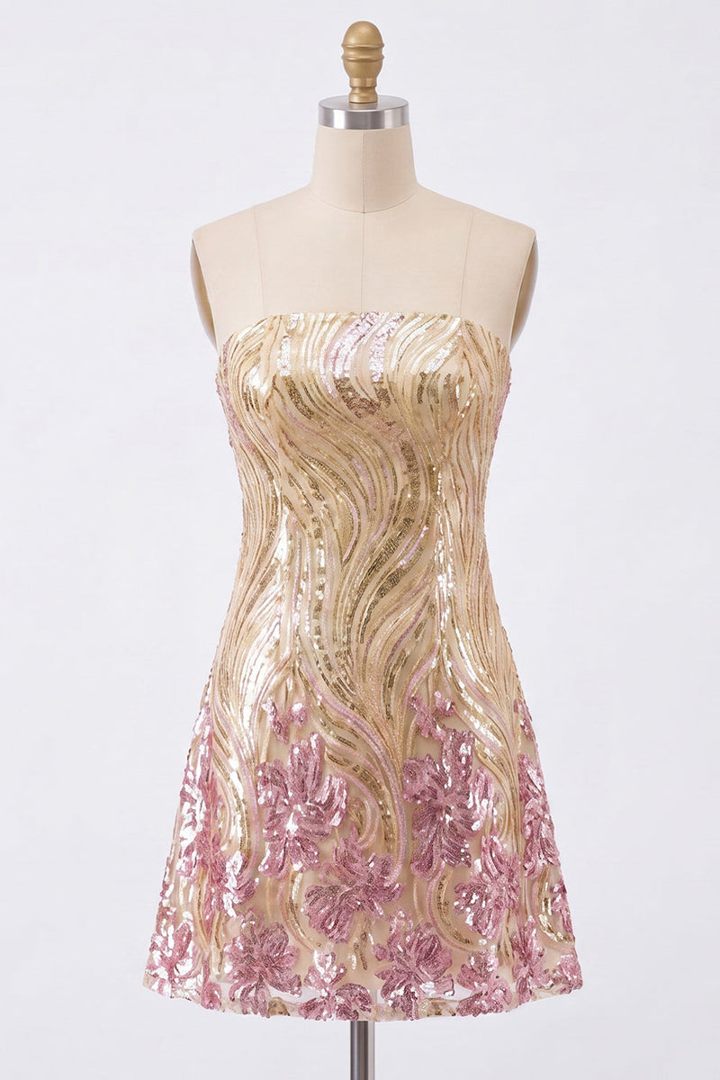 Load image into Gallery viewer, Sparkly Gold and Pink Floral Strapless Sequin Short Homecoming Dress