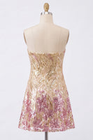 Load image into Gallery viewer, Sparkly Gold and Pink Floral Strapless Sequin Short Homecoming Dress