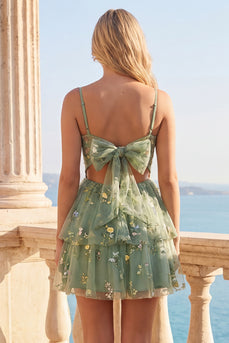 Dusty Sage Floral A Line Corset Short Homecoming Dress with Ruffles