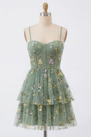 Load image into Gallery viewer, Dusty Sage Floral A Line Corset Short Homecoming Dress with Ruffles
