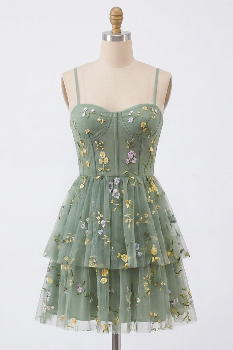 Load image into Gallery viewer, Dusty Sage Floral A Line Corset Short Homecoming Dress with Ruffles