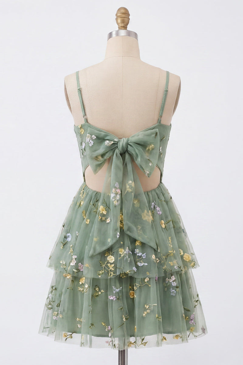 Load image into Gallery viewer, Dusty Sage Floral A Line Corset Short Homecoming Dress with Ruffles