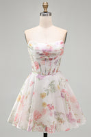 Load image into Gallery viewer, Ivory Floral Strapless Short Corset A Line Homecoming Dress