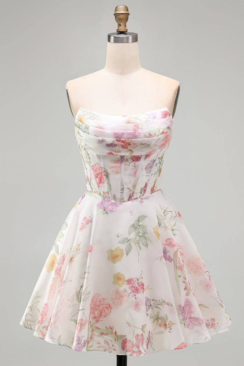 Load image into Gallery viewer, Ivory Floral Strapless Short Corset A Line Homecoming Dress