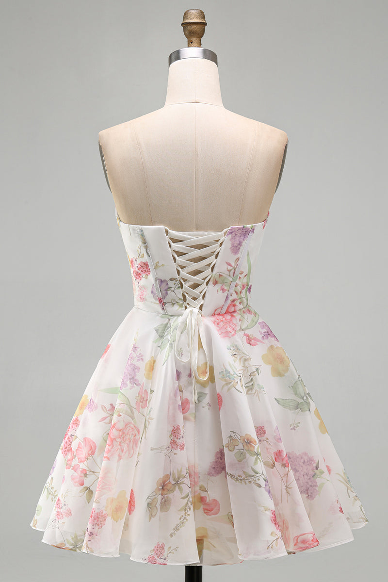 Load image into Gallery viewer, Ivory Floral Strapless Short Corset A Line Homecoming Dress