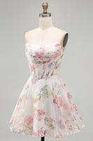 Load image into Gallery viewer, Ivory Floral Strapless Short Corset A Line Homecoming Dress