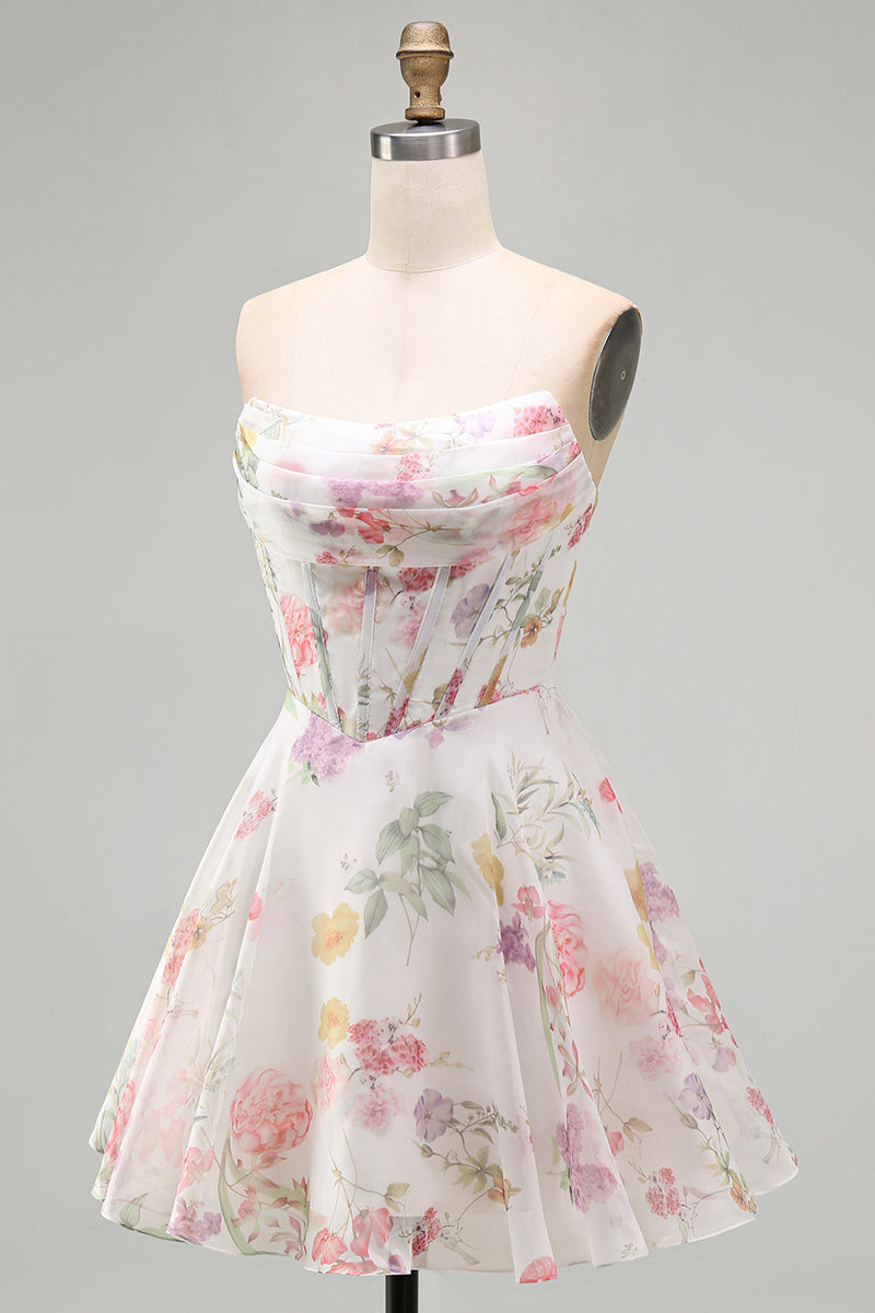 Load image into Gallery viewer, Ivory Floral Strapless Short Corset A Line Homecoming Dress