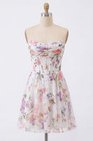 Load image into Gallery viewer, Ivory Floral Strapless Short Corset A Line Homecoming Dress