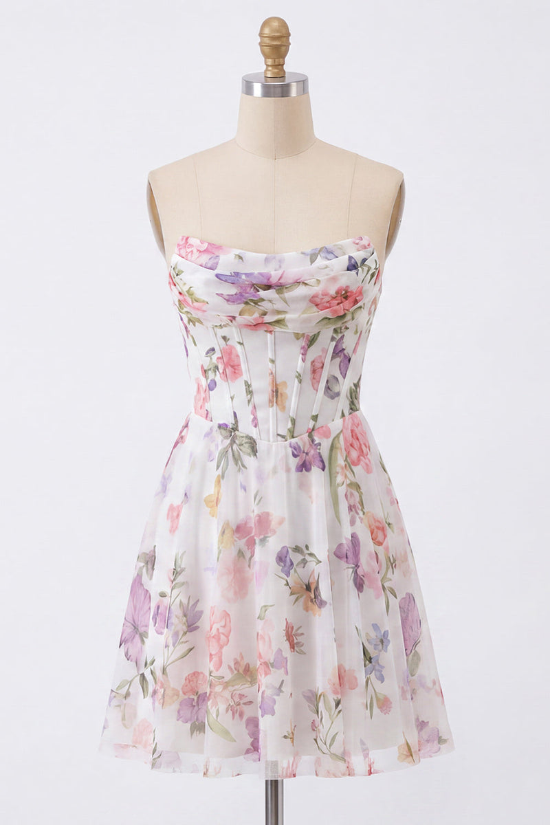 Load image into Gallery viewer, Ivory Floral Strapless Short Corset A Line Homecoming Dress