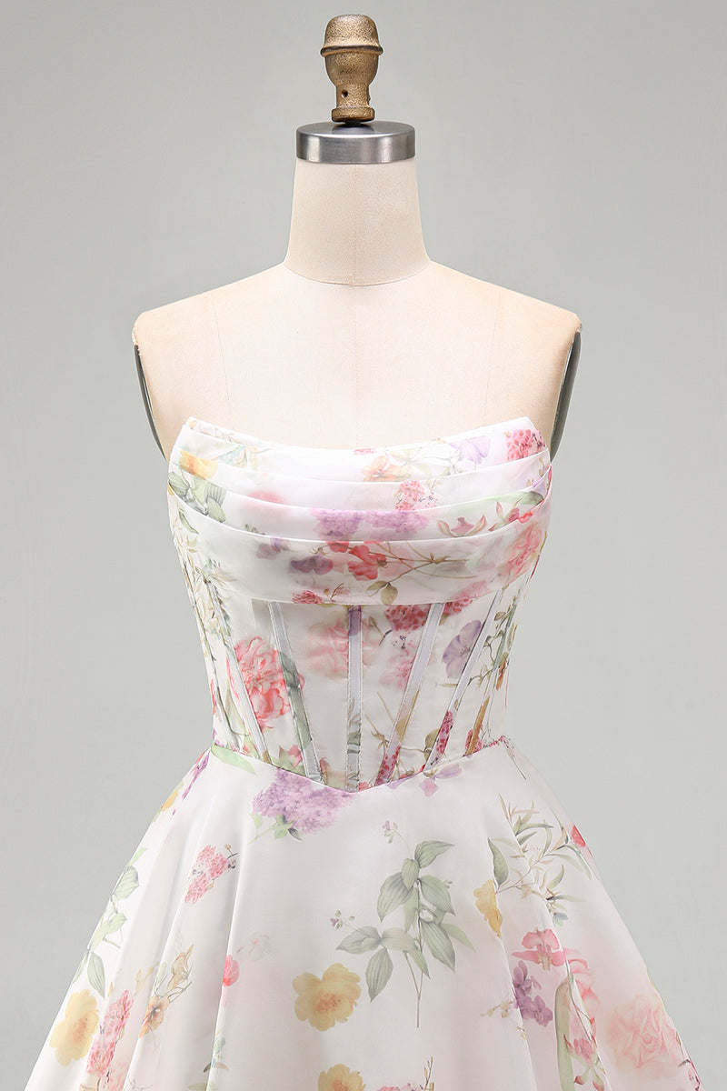 Load image into Gallery viewer, Ivory Floral Strapless Short Corset A Line Homecoming Dress