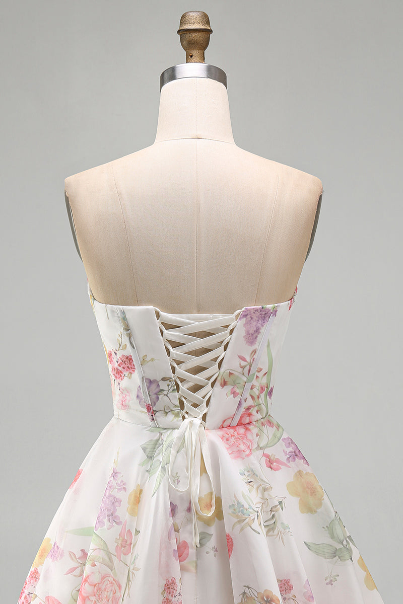 Load image into Gallery viewer, Ivory Floral Strapless Short Corset A Line Homecoming Dress