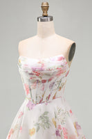 Load image into Gallery viewer, Ivory Floral Strapless Short Corset A Line Homecoming Dress