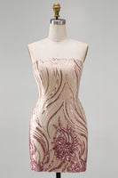 Load image into Gallery viewer, Sparkly Gold and Pink Strapless Sequin Floral Tight Short Homecoming Dress