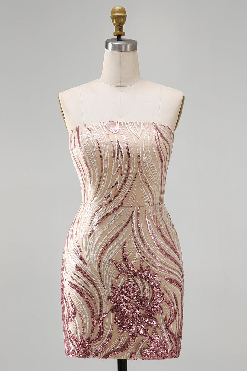Load image into Gallery viewer, Sparkly Gold and Pink Strapless Sequin Floral Tight Short Homecoming Dress