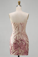 Load image into Gallery viewer, Sparkly Gold and Pink Strapless Sequin Floral Tight Short Homecoming Dress