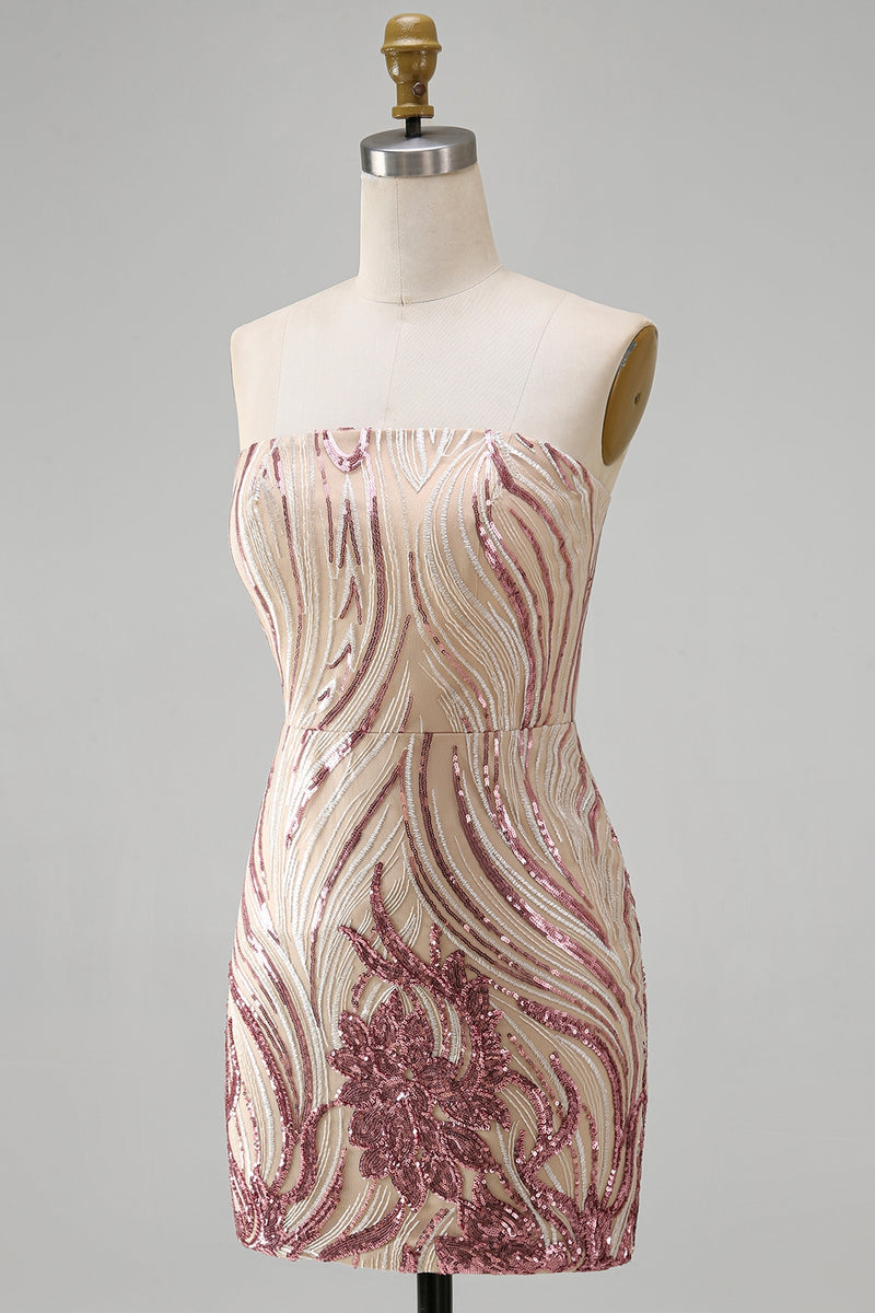 Load image into Gallery viewer, Sparkly Gold and Pink Strapless Sequin Floral Tight Short Homecoming Dress