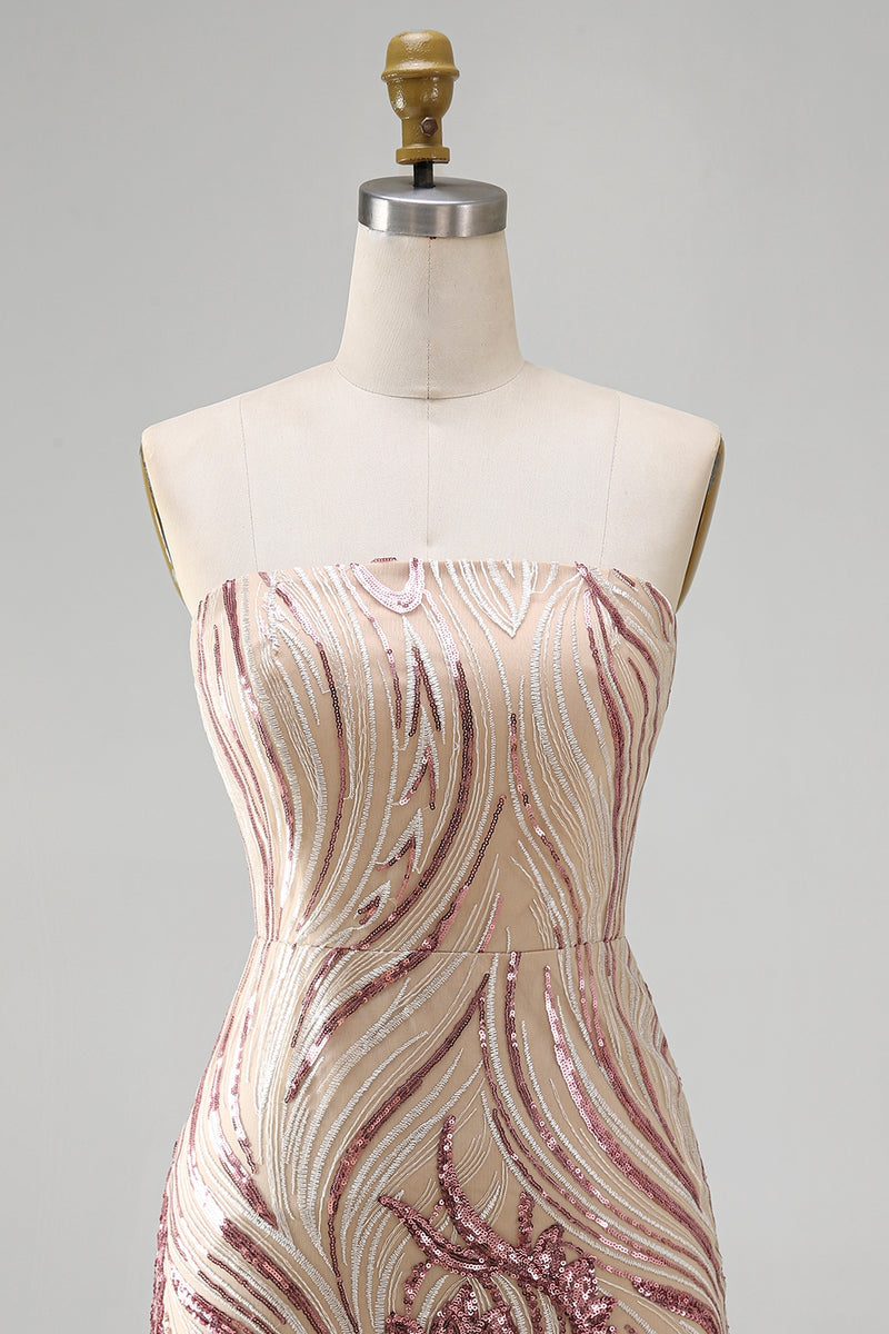 Load image into Gallery viewer, Sparkly Gold and Pink Strapless Sequin Floral Tight Short Homecoming Dress