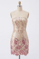 Load image into Gallery viewer, Sparkly Gold and Pink Strapless Sequin Floral Tight Short Homecoming Dress