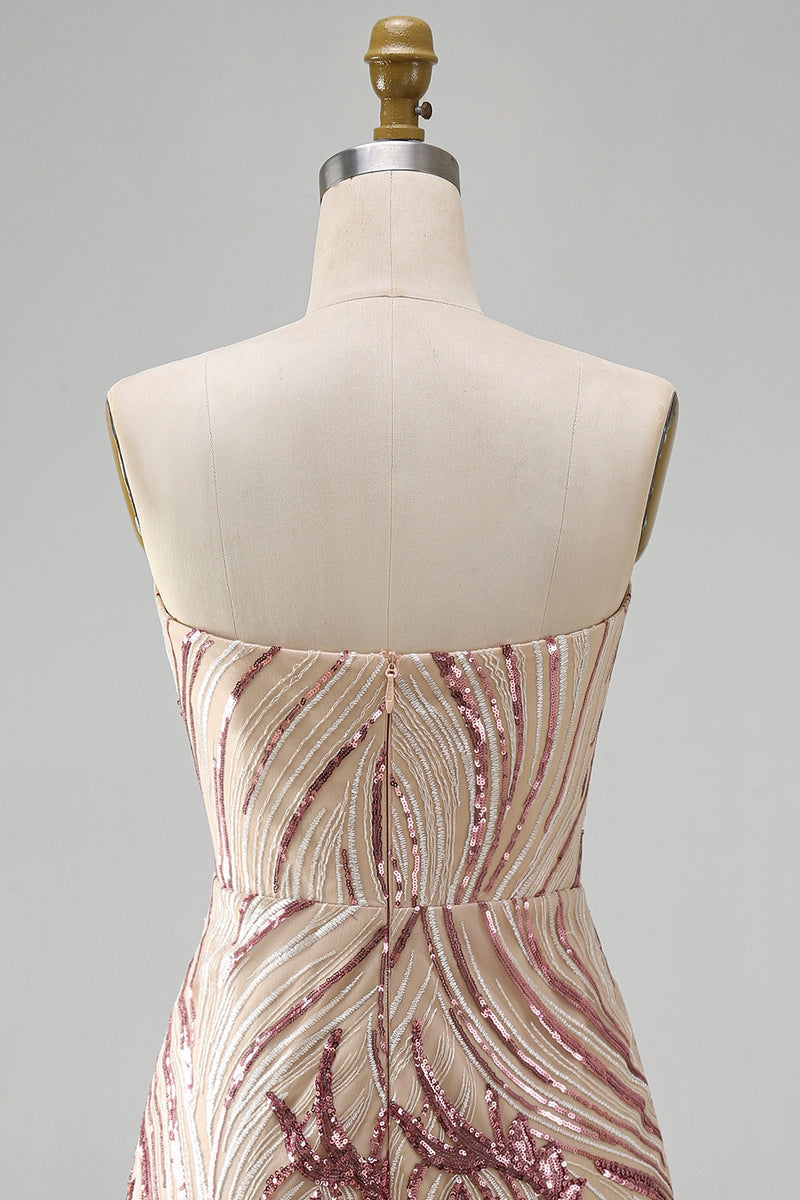 Load image into Gallery viewer, Sparkly Gold and Pink Strapless Sequin Floral Tight Short Homecoming Dress