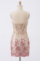 Load image into Gallery viewer, Sparkly Gold and Pink Strapless Sequin Floral Tight Short Homecoming Dress