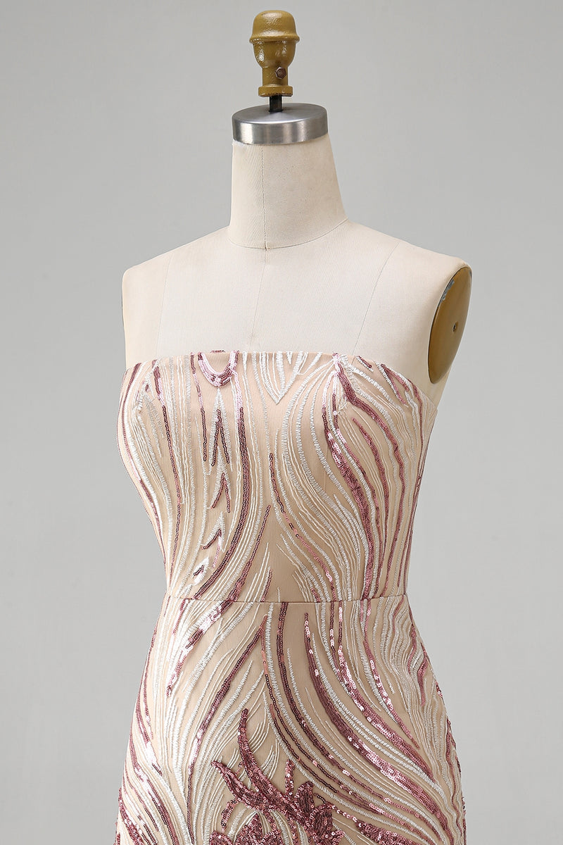 Load image into Gallery viewer, Sparkly Gold and Pink Strapless Sequin Floral Tight Short Homecoming Dress