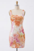 Load image into Gallery viewer, Sparkly Orange Floral Sequin Square Neck Tight Short Homecoming Dress