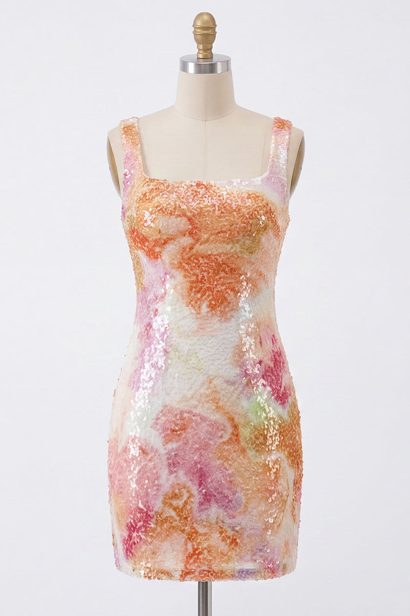 Load image into Gallery viewer, Sparkly Orange Floral Sequin Square Neck Tight Short Homecoming Dress