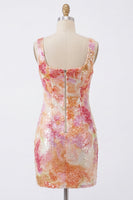 Load image into Gallery viewer, Sparkly Orange Floral Sequin Square Neck Tight Short Homecoming Dress