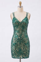 Load image into Gallery viewer, Sparkly Dark Green Sequin V-Neck Tight Short Homecoming Dress