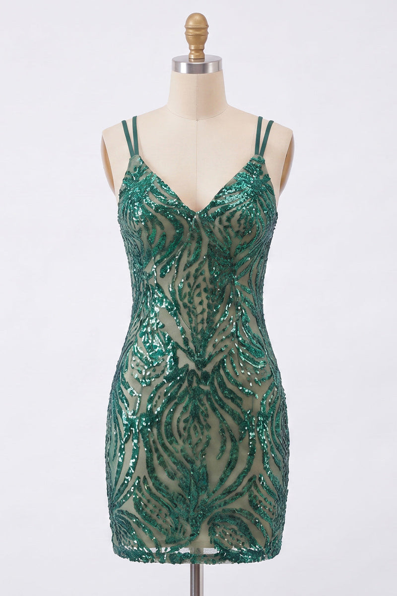 Load image into Gallery viewer, Sparkly Dark Green Sequin V-Neck Tight Short Homecoming Dress