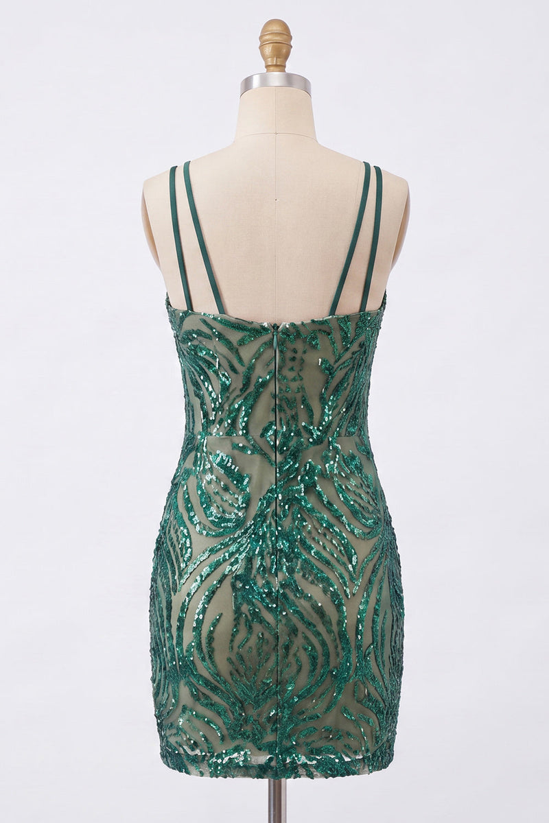 Load image into Gallery viewer, Sparkly Dark Green Sequin V-Neck Tight Short Homecoming Dress