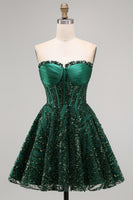 Load image into Gallery viewer, Sparkly Dark Green Strapless A Line Short Corset Homecoming Dress