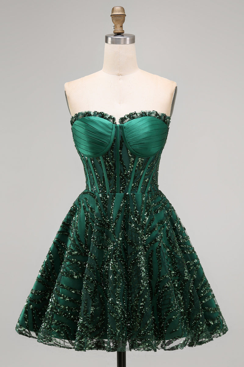 Load image into Gallery viewer, Sparkly Dark Green Strapless A Line Short Corset Homecoming Dress