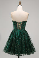 Load image into Gallery viewer, Sparkly Dark Green Strapless A Line Short Corset Homecoming Dress