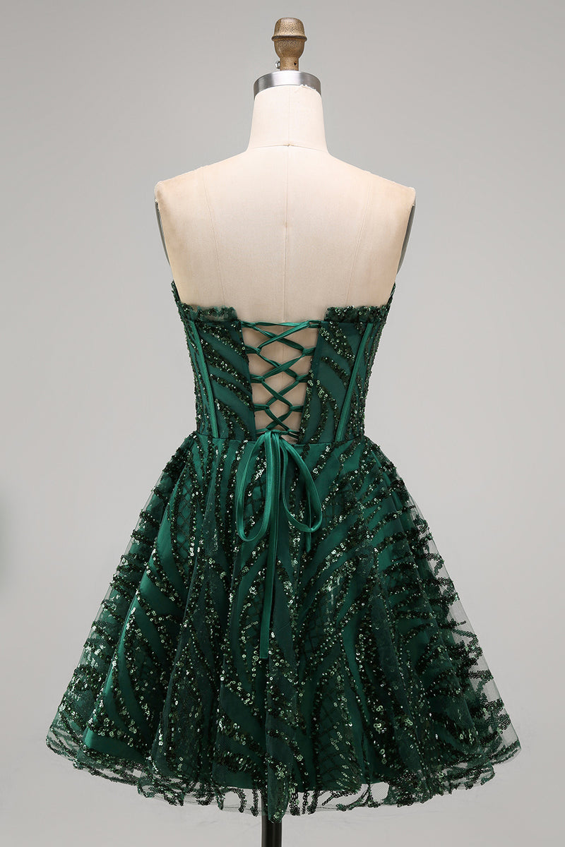 Load image into Gallery viewer, Sparkly Dark Green Strapless A Line Short Corset Homecoming Dress