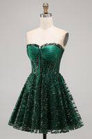 Load image into Gallery viewer, Sparkly Dark Green Strapless A Line Short Corset Homecoming Dress
