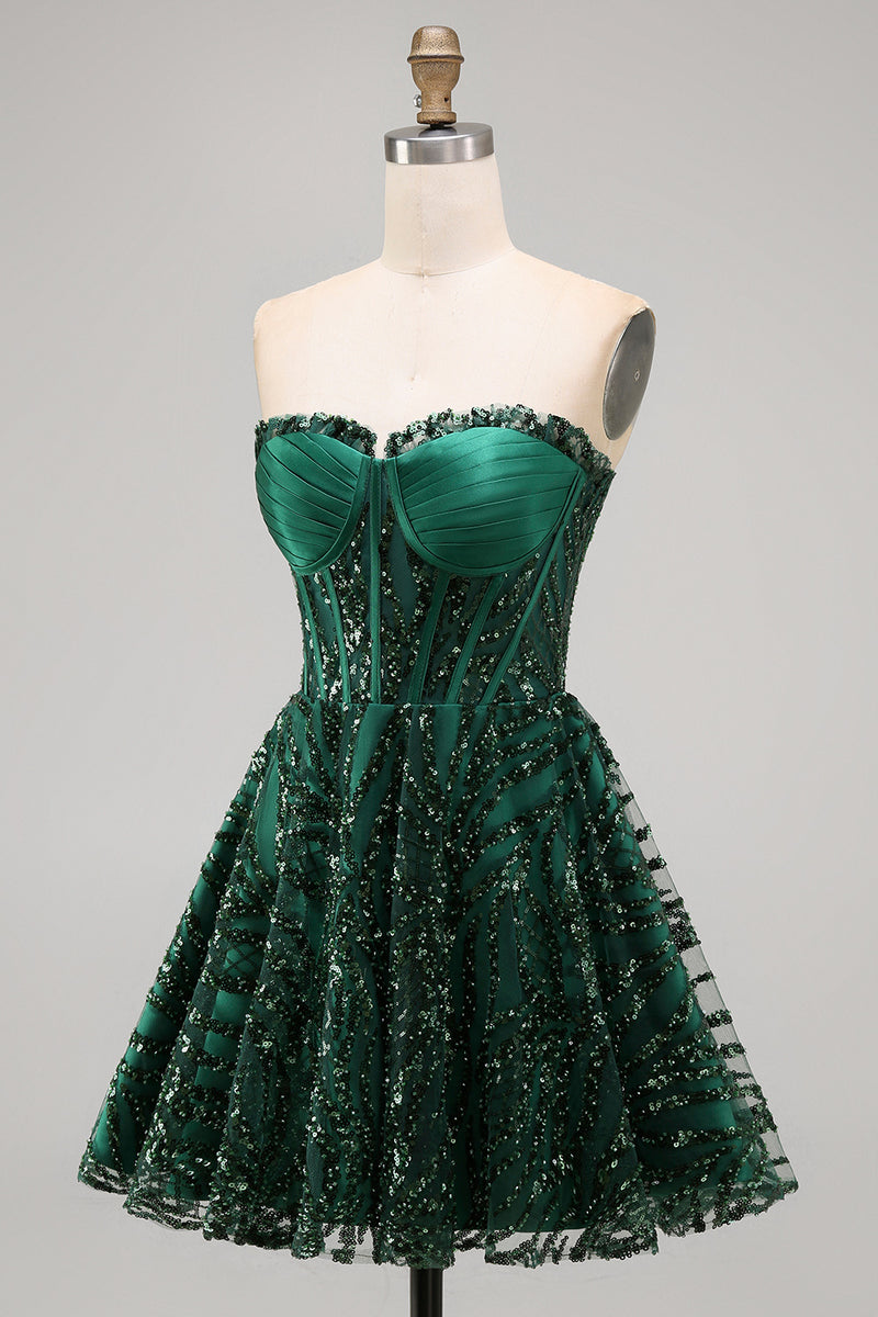 Load image into Gallery viewer, Sparkly Dark Green Strapless A Line Short Corset Homecoming Dress