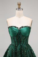 Load image into Gallery viewer, Sparkly Dark Green Strapless A Line Short Corset Homecoming Dress