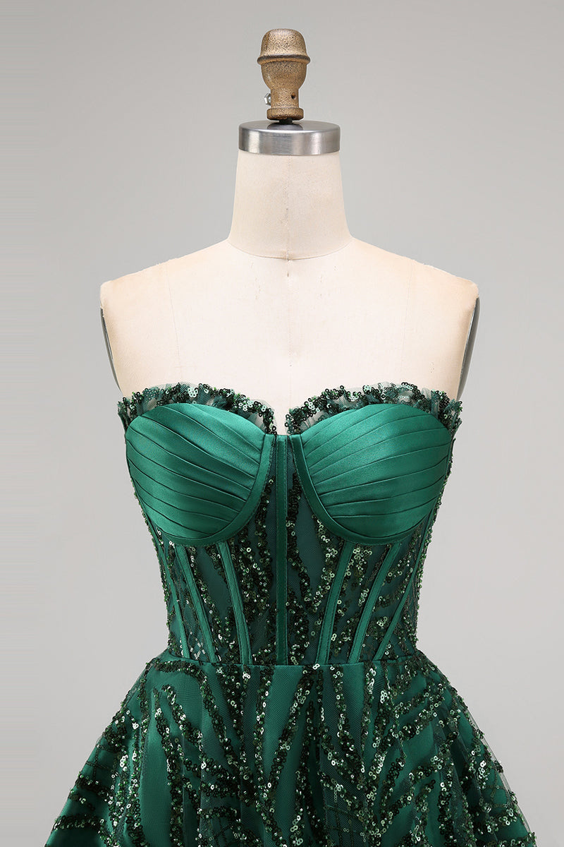 Load image into Gallery viewer, Sparkly Dark Green Strapless A Line Short Corset Homecoming Dress