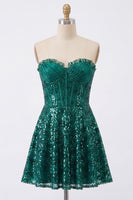 Load image into Gallery viewer, Sparkly Dark Green Strapless A Line Short Corset Homecoming Dress