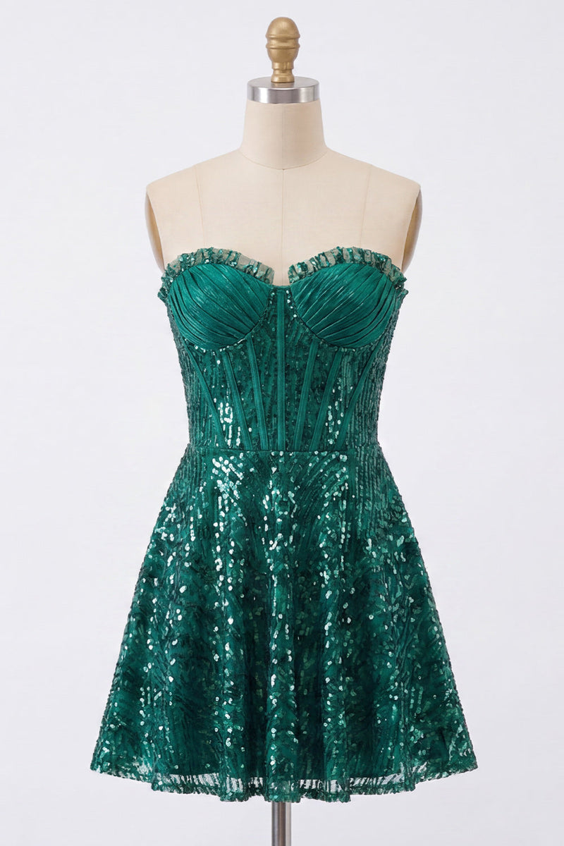 Load image into Gallery viewer, Sparkly Dark Green Strapless A Line Short Corset Homecoming Dress