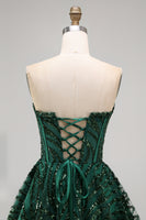 Load image into Gallery viewer, Sparkly Dark Green Strapless A Line Short Corset Homecoming Dress