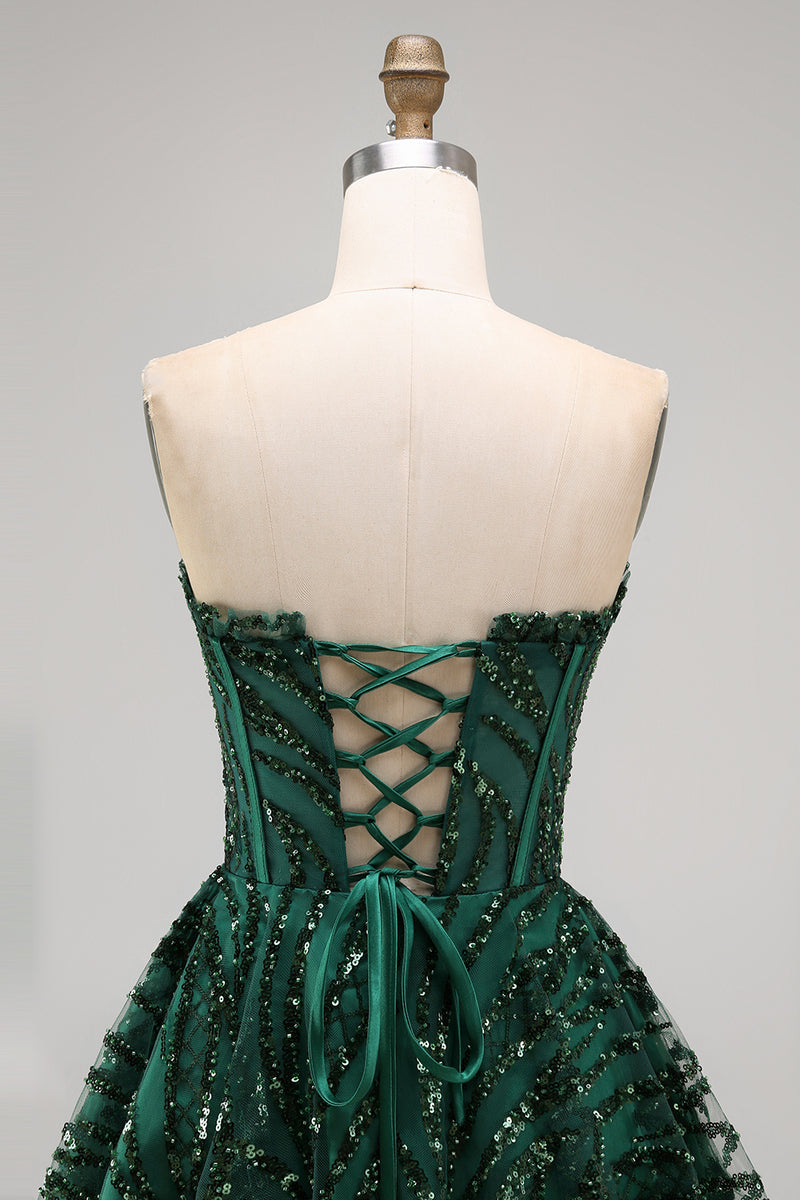 Load image into Gallery viewer, Sparkly Dark Green Strapless A Line Short Corset Homecoming Dress