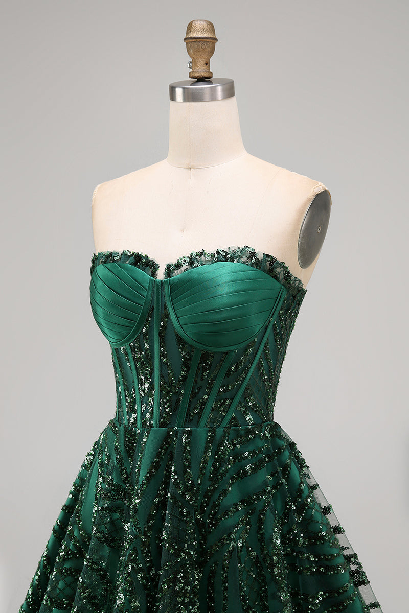 Load image into Gallery viewer, Sparkly Dark Green Strapless A Line Short Corset Homecoming Dress