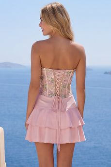 Pink Floral A Line Short Homecoming Dress with Ruffles
