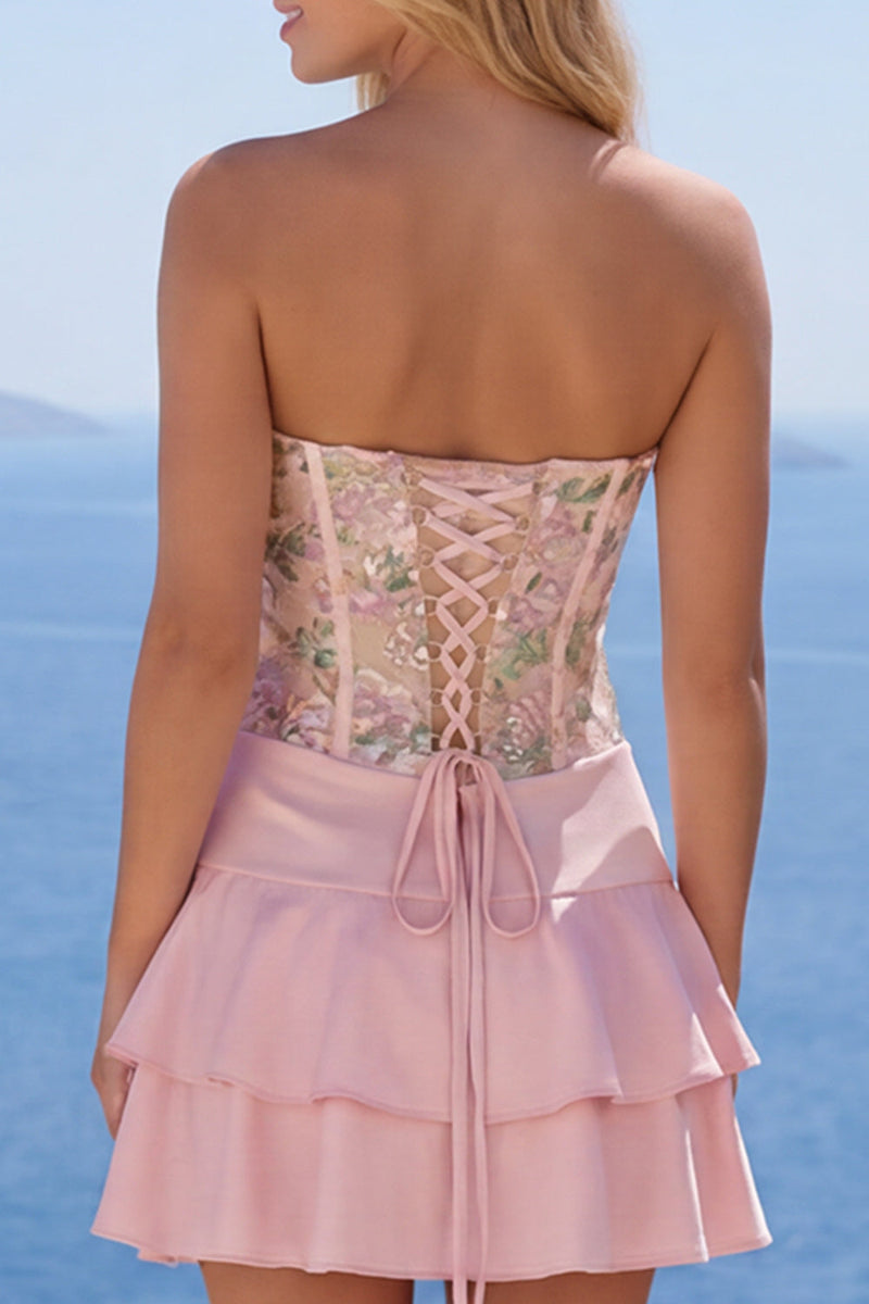 Load image into Gallery viewer, Pink Floral A Line Short Homecoming Dress with Ruffles