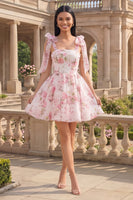 Load image into Gallery viewer, White Pink Flower A Line Short Homecoming Dress with Bows