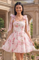 Load image into Gallery viewer, White Pink Flower A Line Short Homecoming Dress with Bows